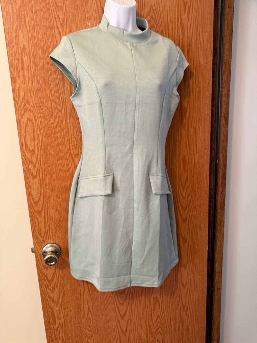 Cap-Sleeve Sage Green Dress with Stand Collar